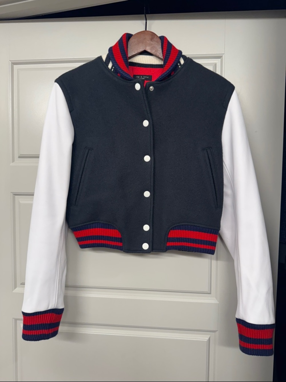 Rag & Bone Navy Wool Bomber with Red/Navy Stripe Collar Vegan Leather Sleeves, S